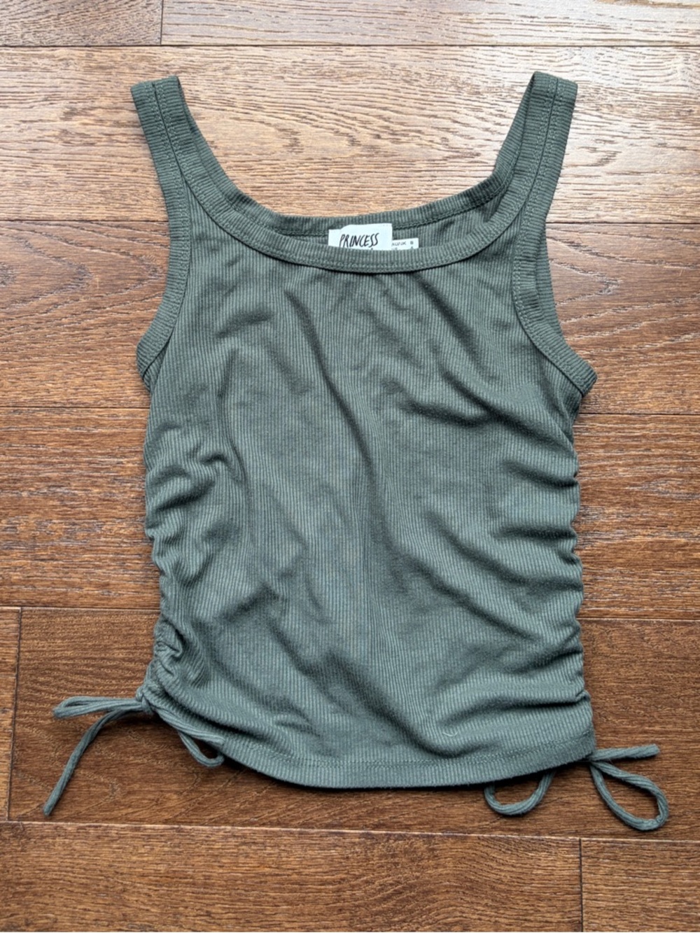 Princess Polly gray-green ribbed tank with ruched side ties